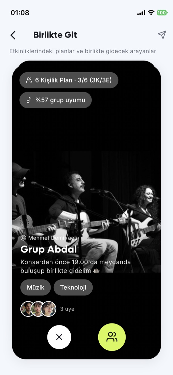 Birlikte Git ekranı: altı kişilik konser planı ve grup uyumu