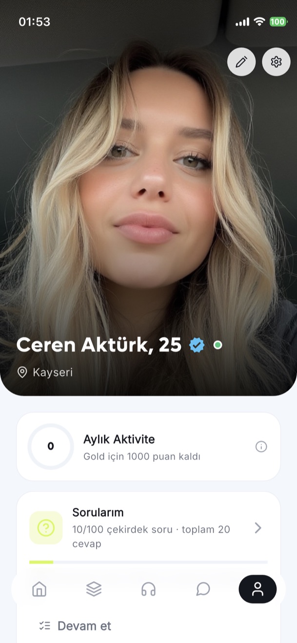 Profil ekranı: profil fotoğrafı, doğrulama rozeti, şehir ve hesap özellikleri